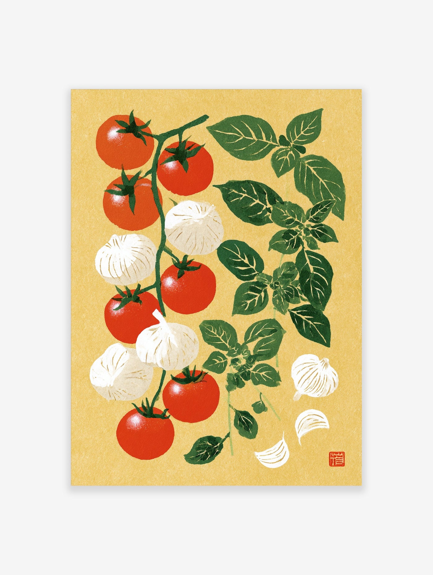 Botanical kitchen wall art print featuring red tomatoes on the vine, garlic bulbs, and basil leaves on a yellow background