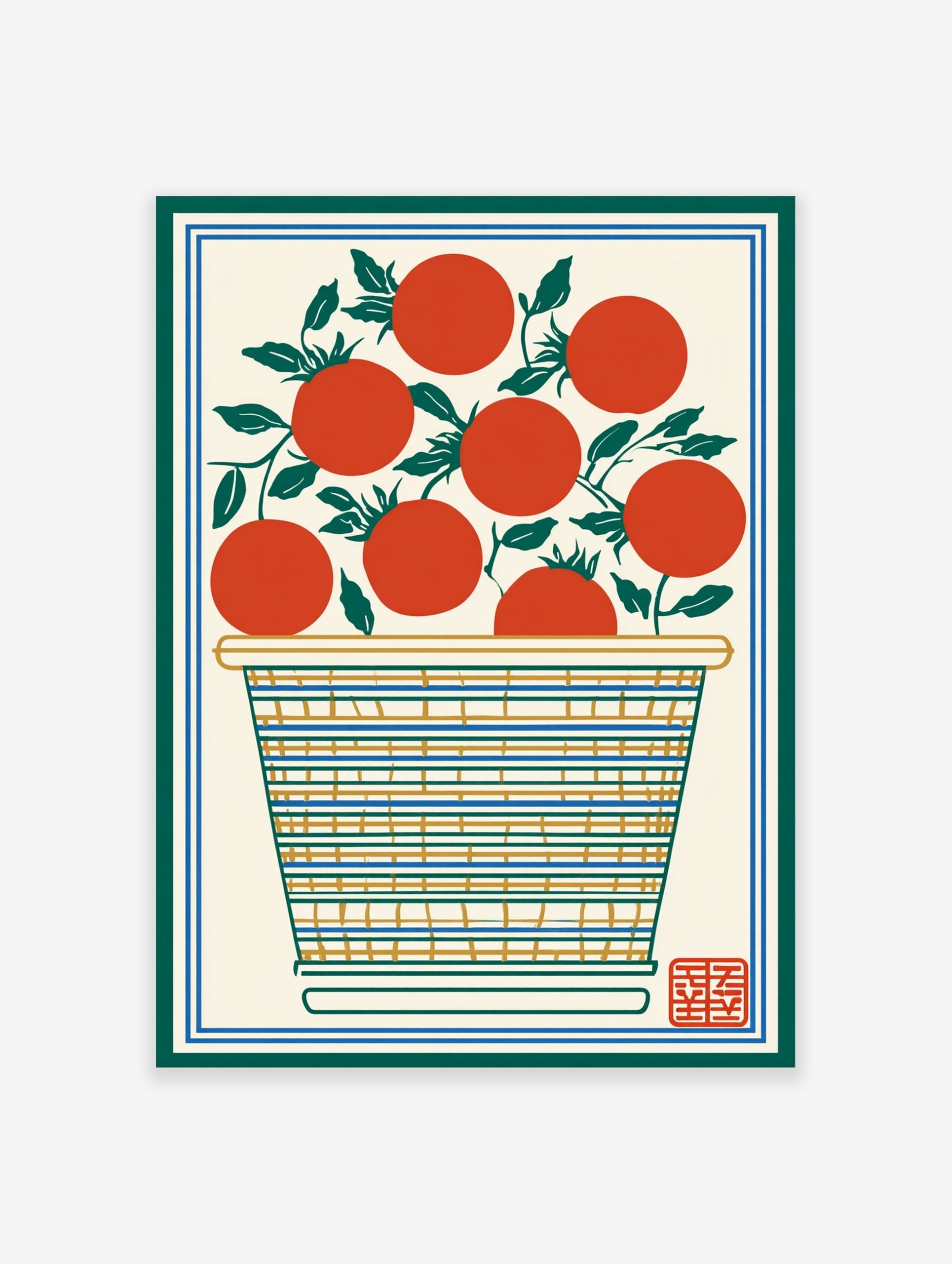 Illustrative print of red tomatoes with green leaves in a striped basket, framed by green and blue borders