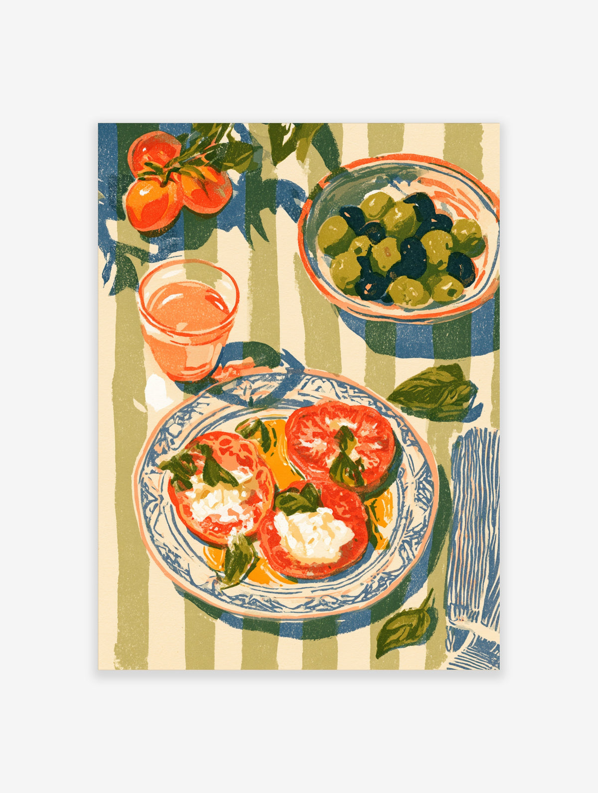 Tomato bruschetta and olives food illustration poster with striped tablecloth and glass of rosé