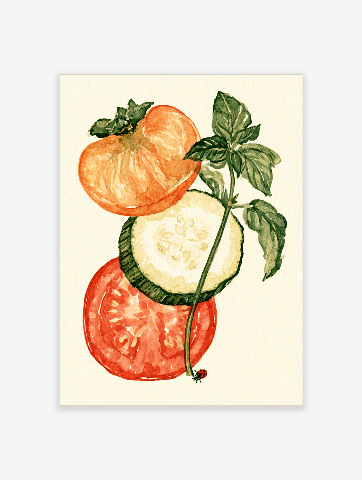 Watercolour art print of sliced tomato, cucumber and basil with a ladybird on cream background