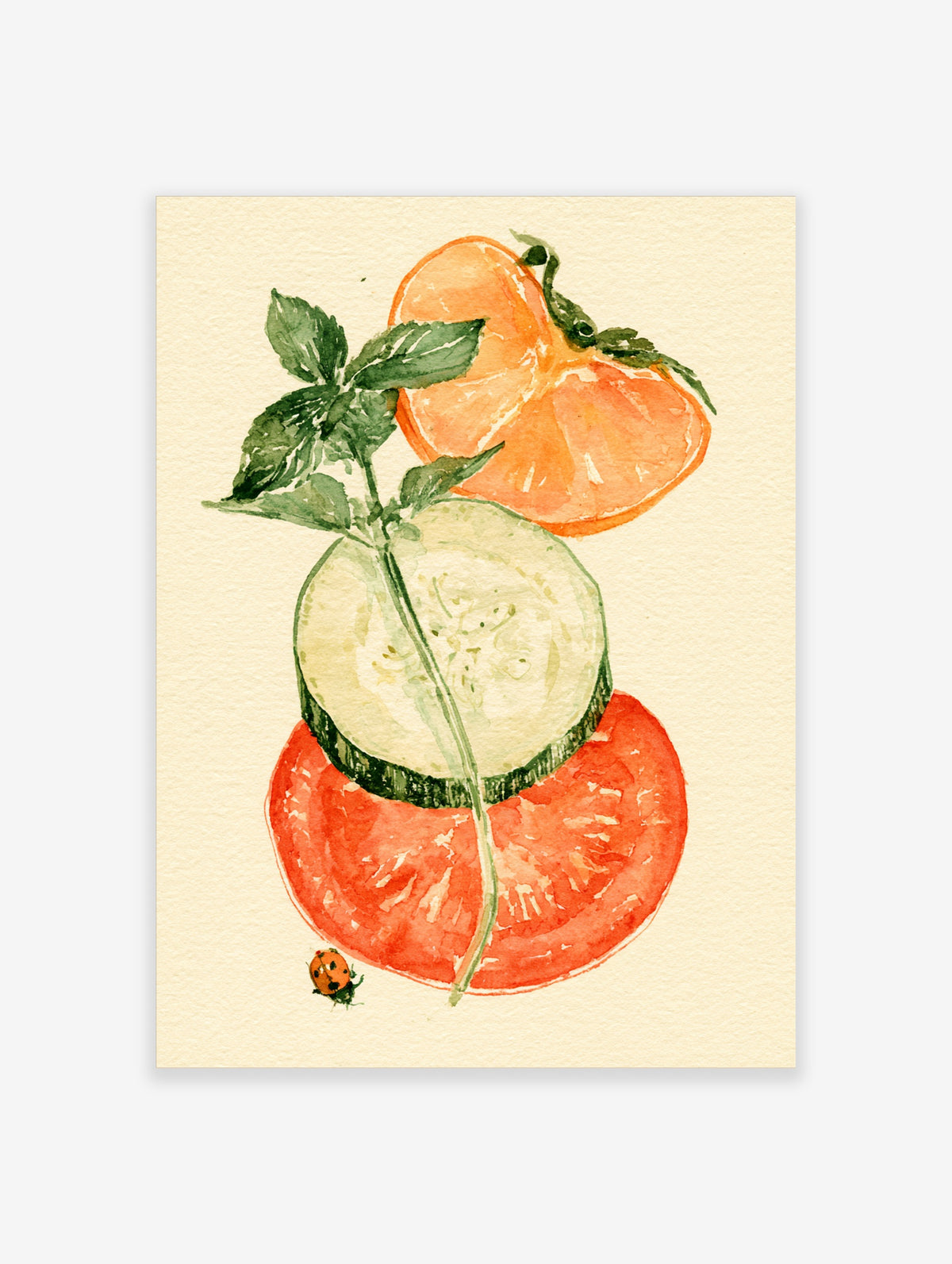 Watercolour art print of sliced tomato, cucumber, orange, mint and a ladybird on cream paper