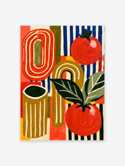 Abstract tomato illustration with red fruit, green leaves, and blue striped background on a paper art print