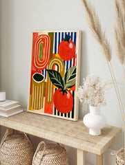 Abstract tomato illustration with red fruit, green leaves, and blue striped background on a, in an alternate framed mockup