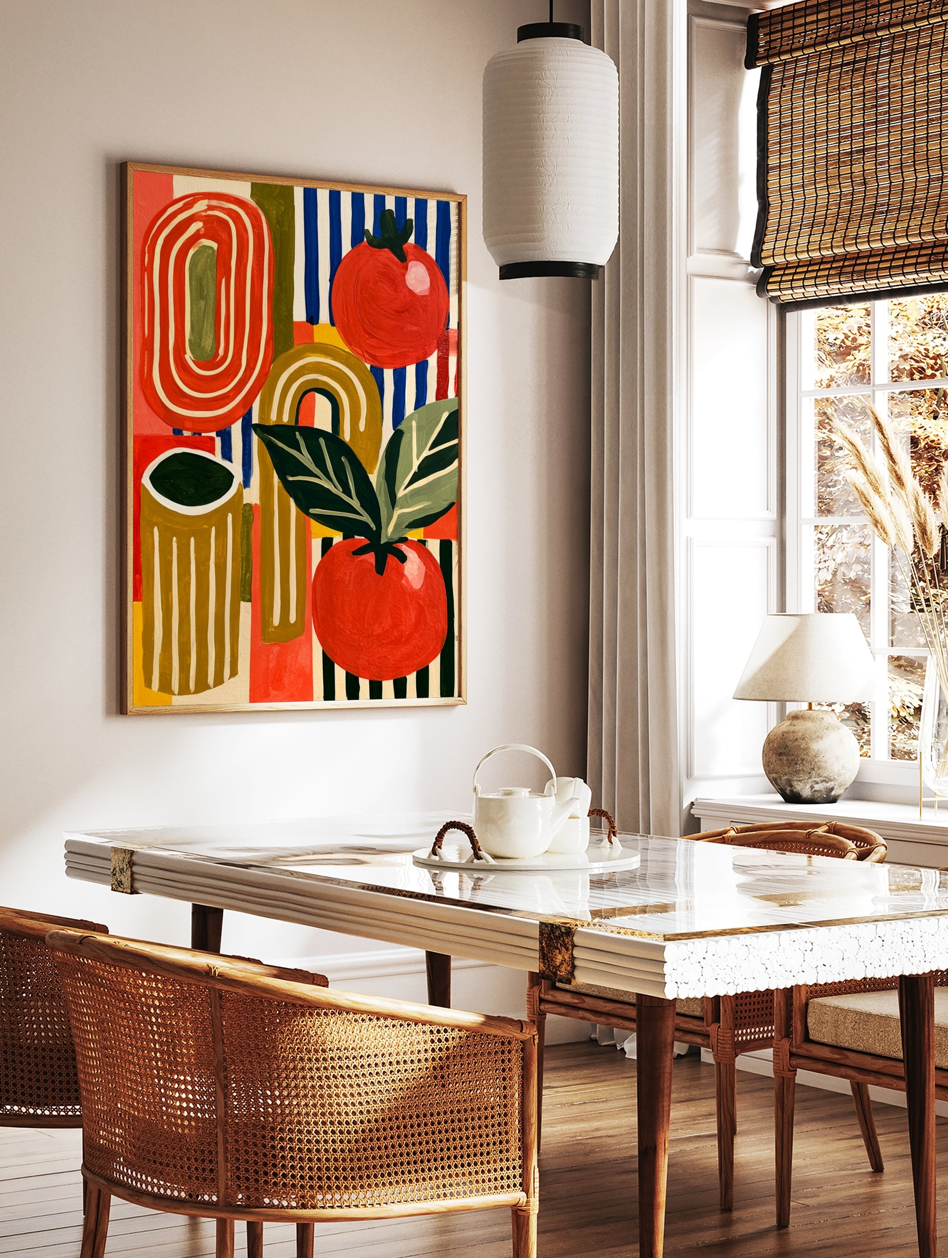 Abstract tomato illustration with red fruit, green leaves, and blue striped background on a paper, in a styled room mockup