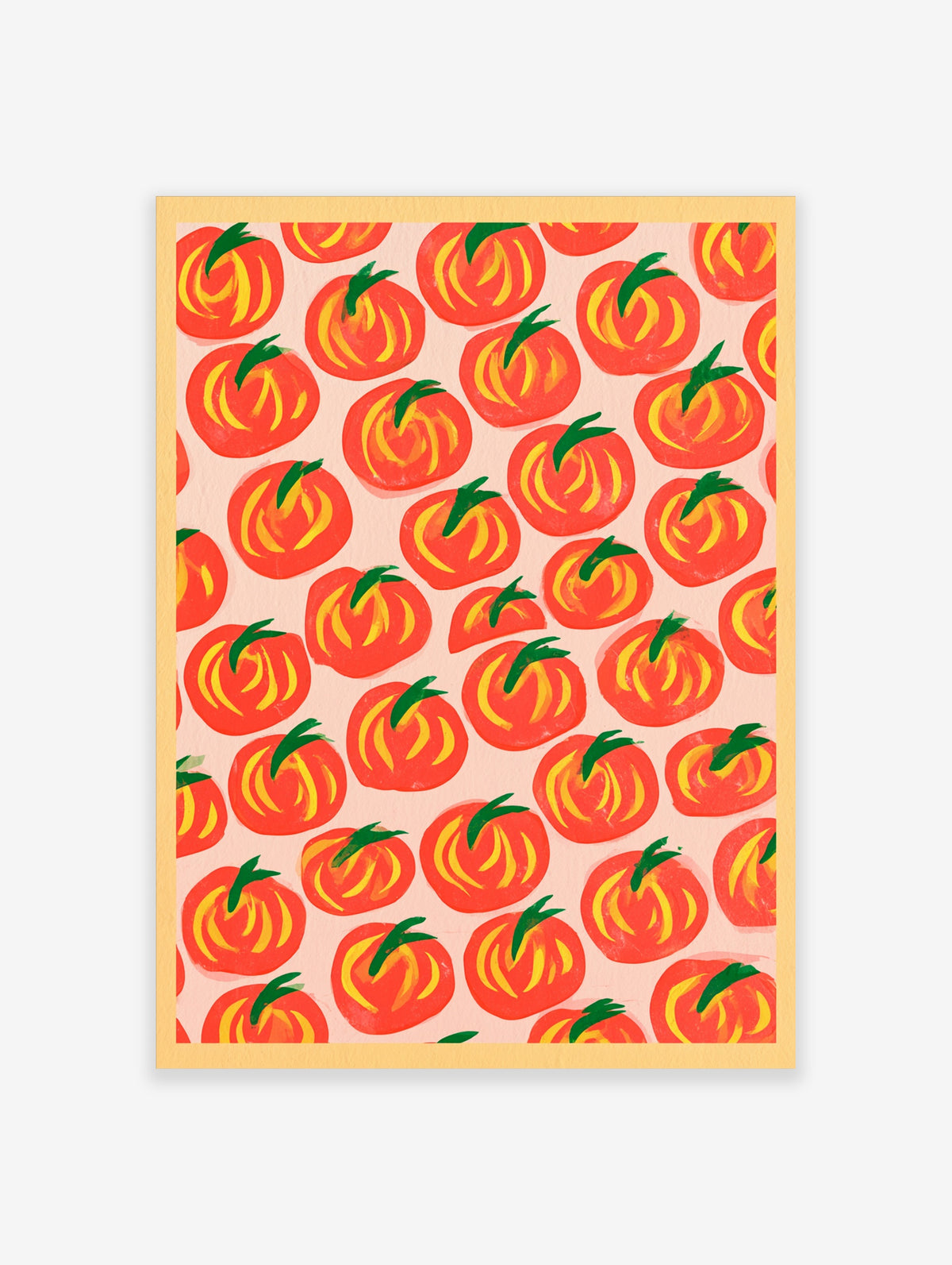 Red tomato pattern poster with yellow swirls and green stems on a pale pink background