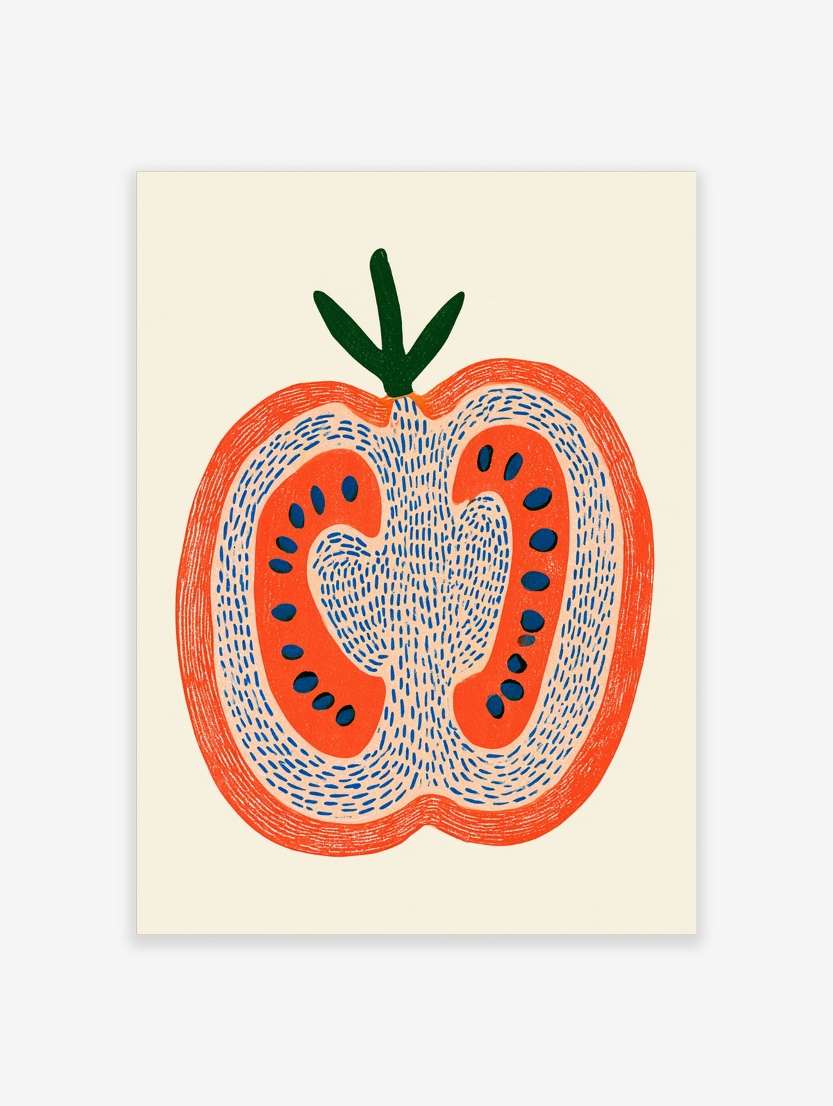 Retro tomato slice art print with green stem, orange-red rings, and blue seeds on cream background
