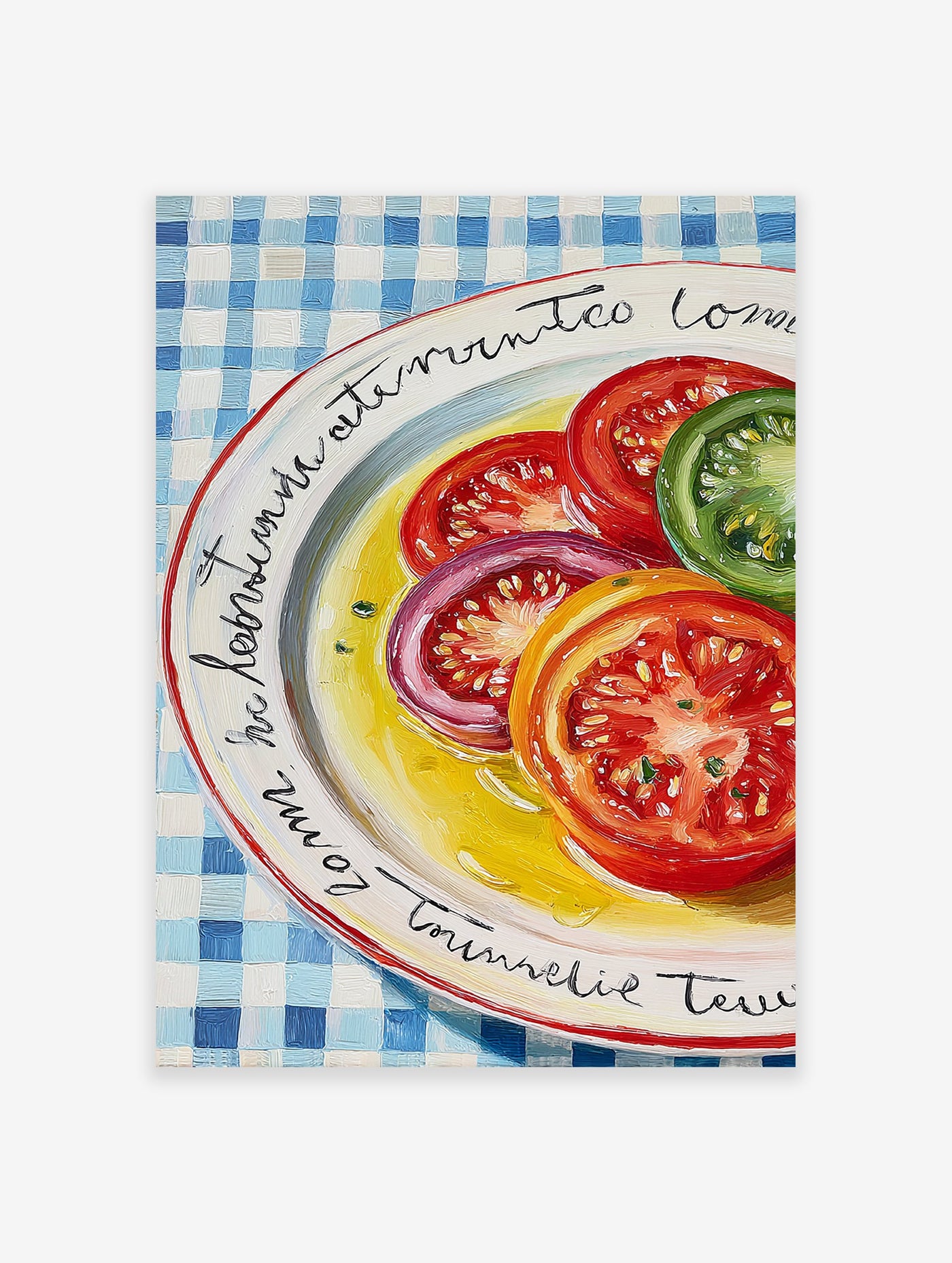 Vibrant oil painting print of sliced red, orange, and green tomatoes on a white plate with yellow dressing and blue checkered tablecloth.