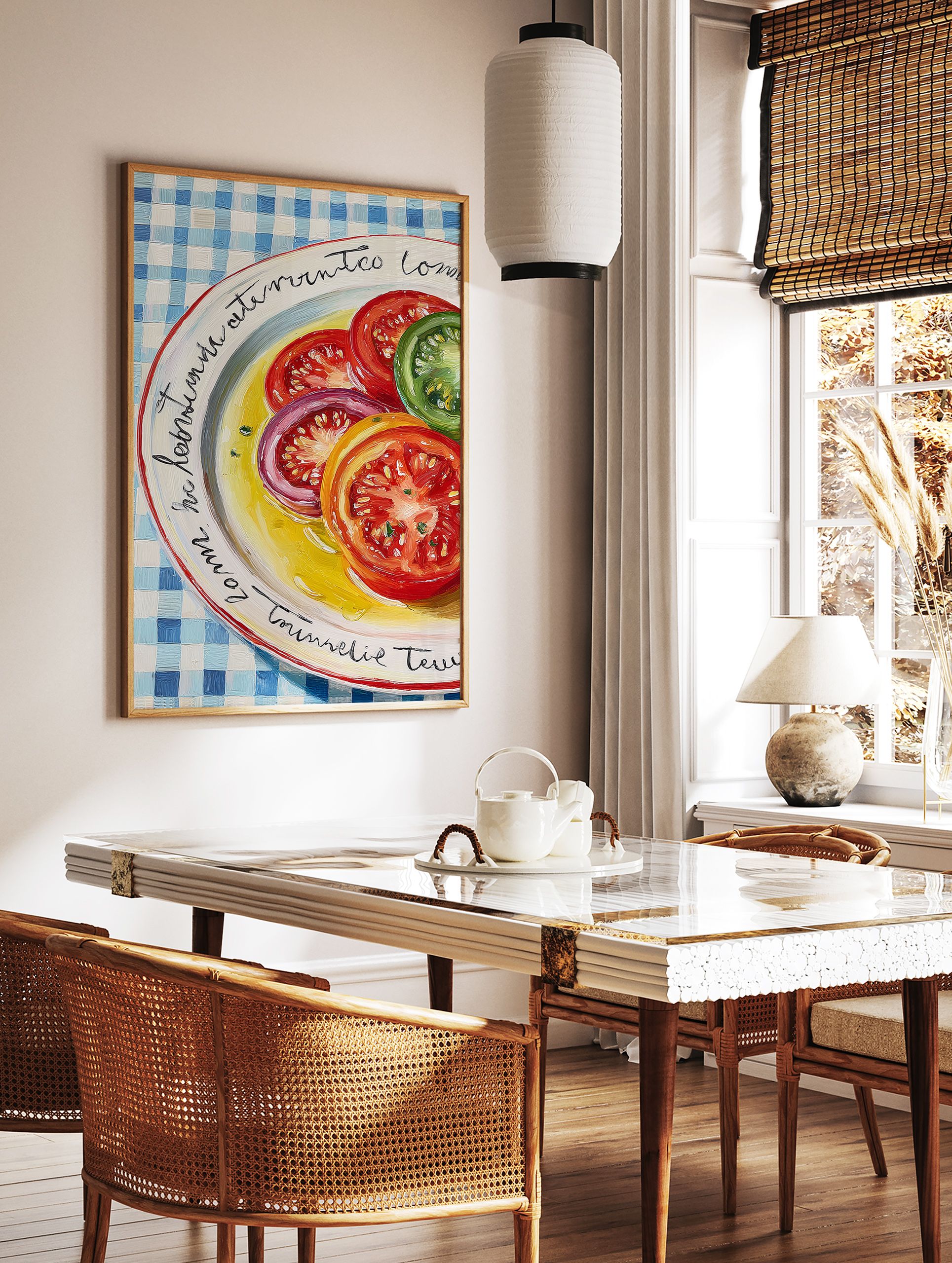 Vibrant oil painting print of sliced red, orange, and green tomatoes on a white plate with yellow dressing and blue checkered tablecloth. - Image 3