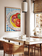 Vibrant oil painting print of sliced red, orange, and green tomatoes on a white plate with yellow dressing and blue checkered tablecloth. - Image 3