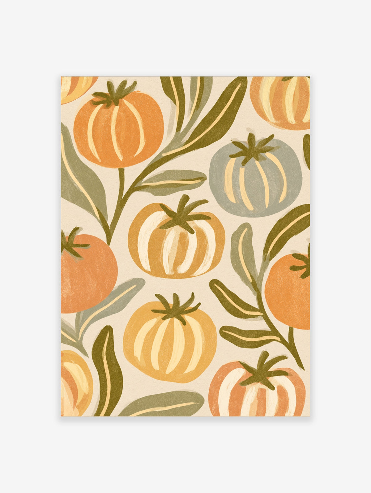 Tomato wall art print with orange and grey tomatoes on leafy olive stems and a cream background