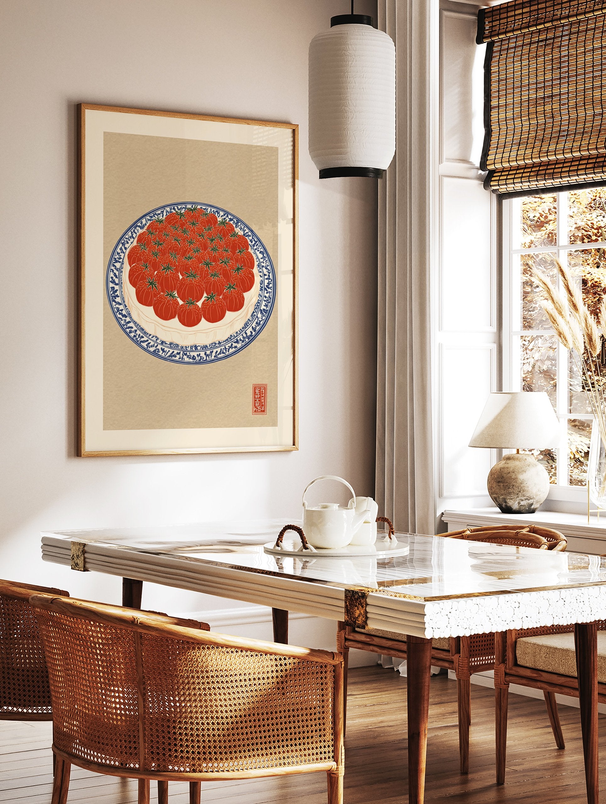 Illustration of red tomatoes arranged on a blue and white patterned plate, presented as a vibrant tomato wall art print. - Image 2