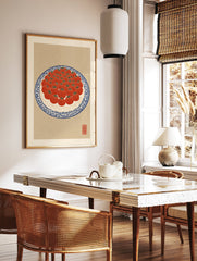 Illustration of red tomatoes arranged on a blue and white patterned plate, presented as a vibrant tomato wall art print. - Image 2