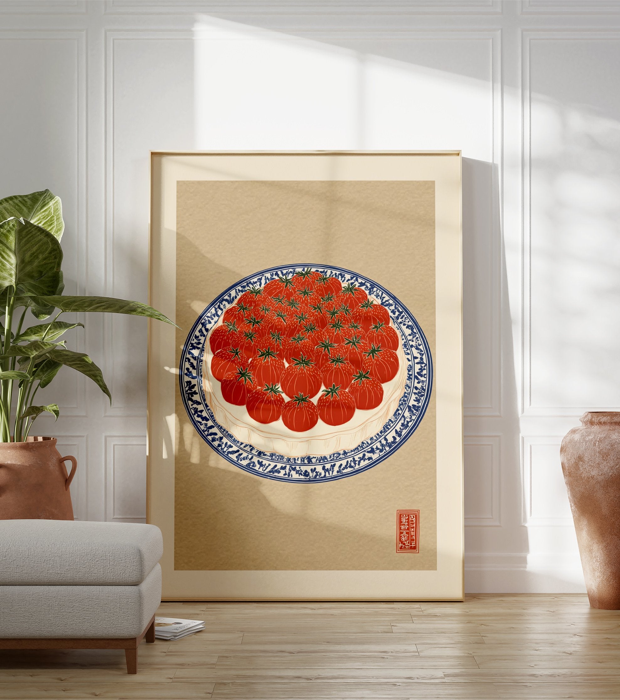 Illustration of red tomatoes arranged on a blue and white patterned plate, presented as a vibrant tomato wall art print. - Image 3