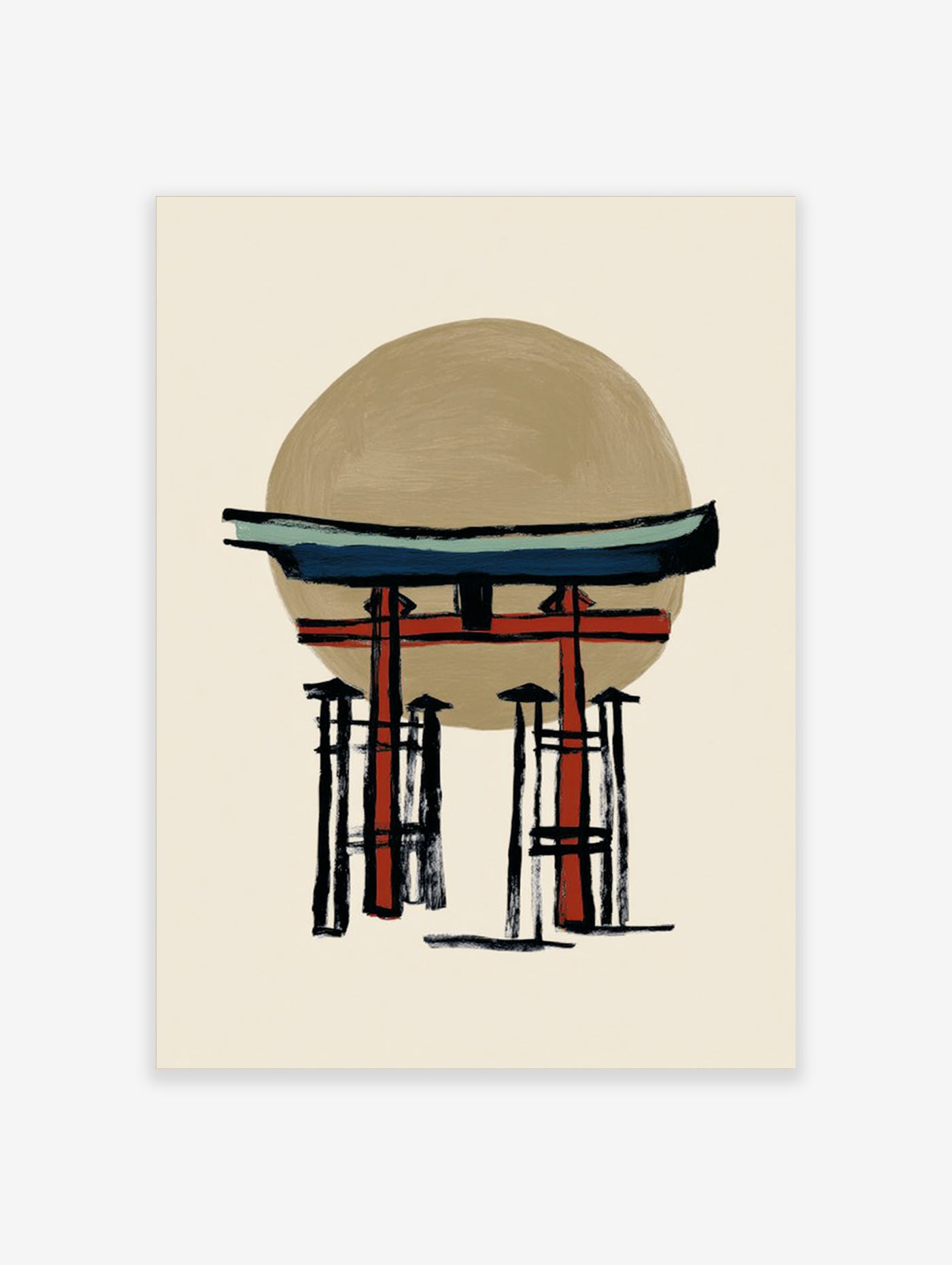 Stylised torii gate in red and blue against a beige circle, black outlines, Japanese art print