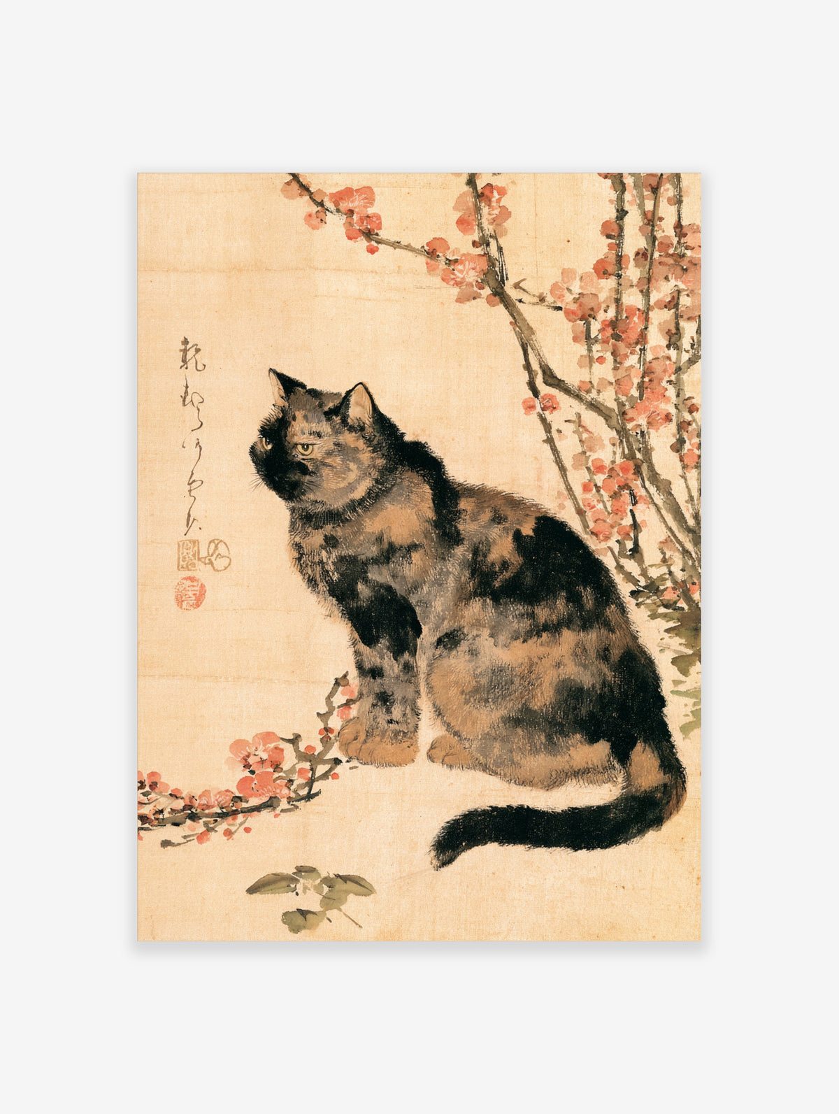 Tortoiseshell cat art print seated beside red blossom branches and Japanese calligraphy