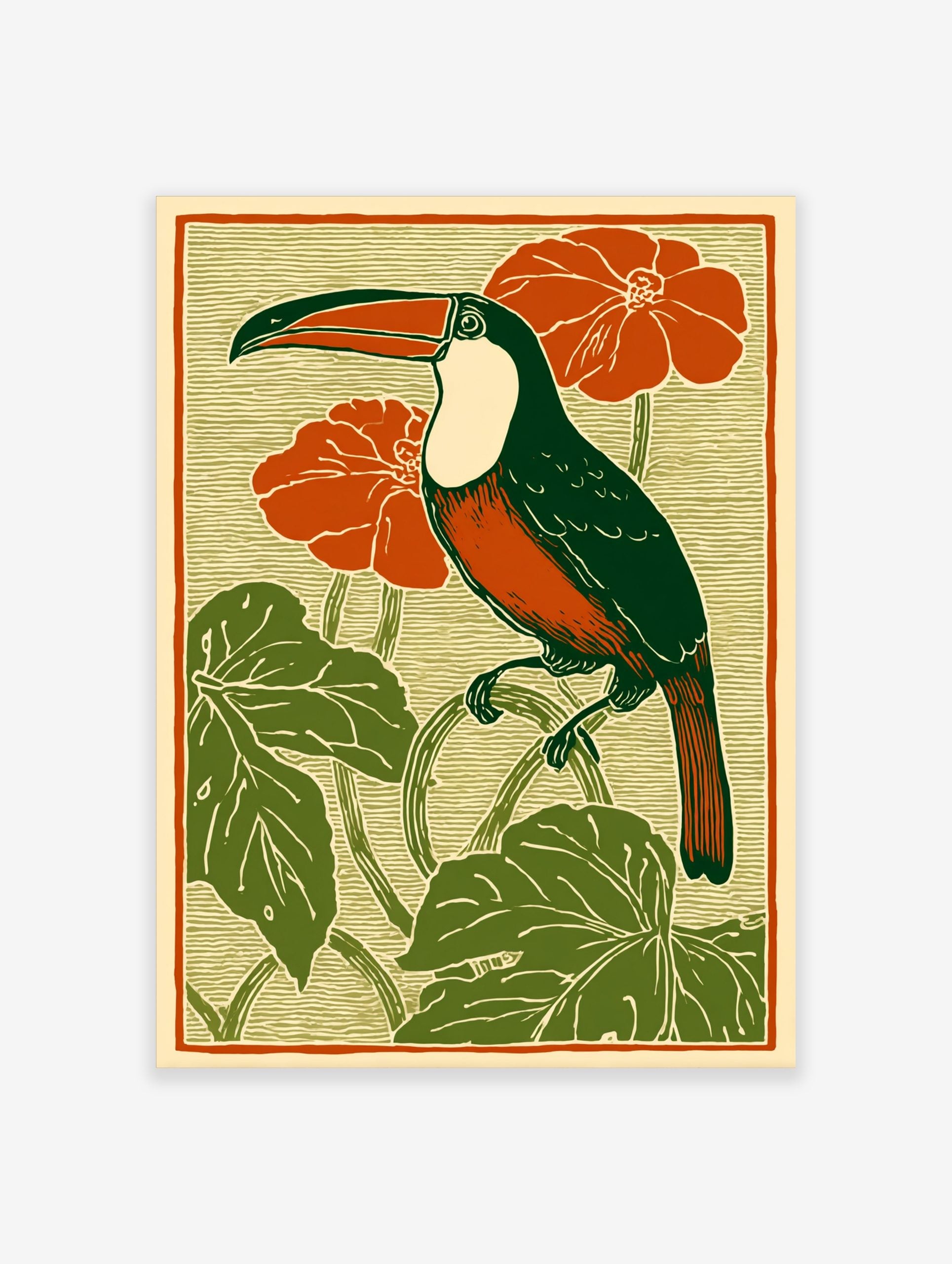 Art Nouveau style illustration of a toucan bird with green body, orange chest, red flowers, and green leaves
