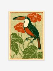 Art Nouveau style illustration of a toucan bird with green body, orange chest, red flowers, and green leaves