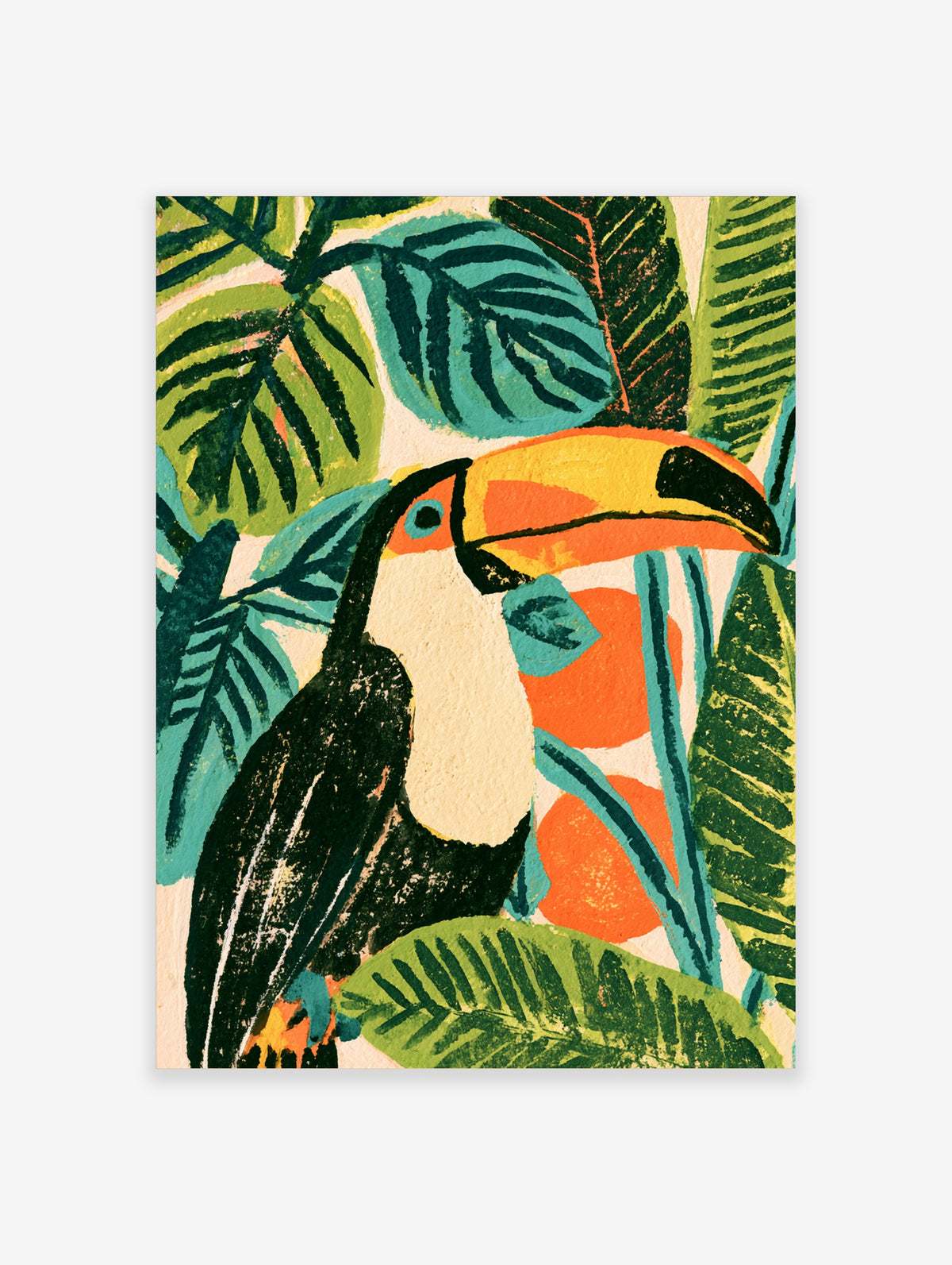 Toucan wall art print with orange beak and green jungle leaves on cream background
