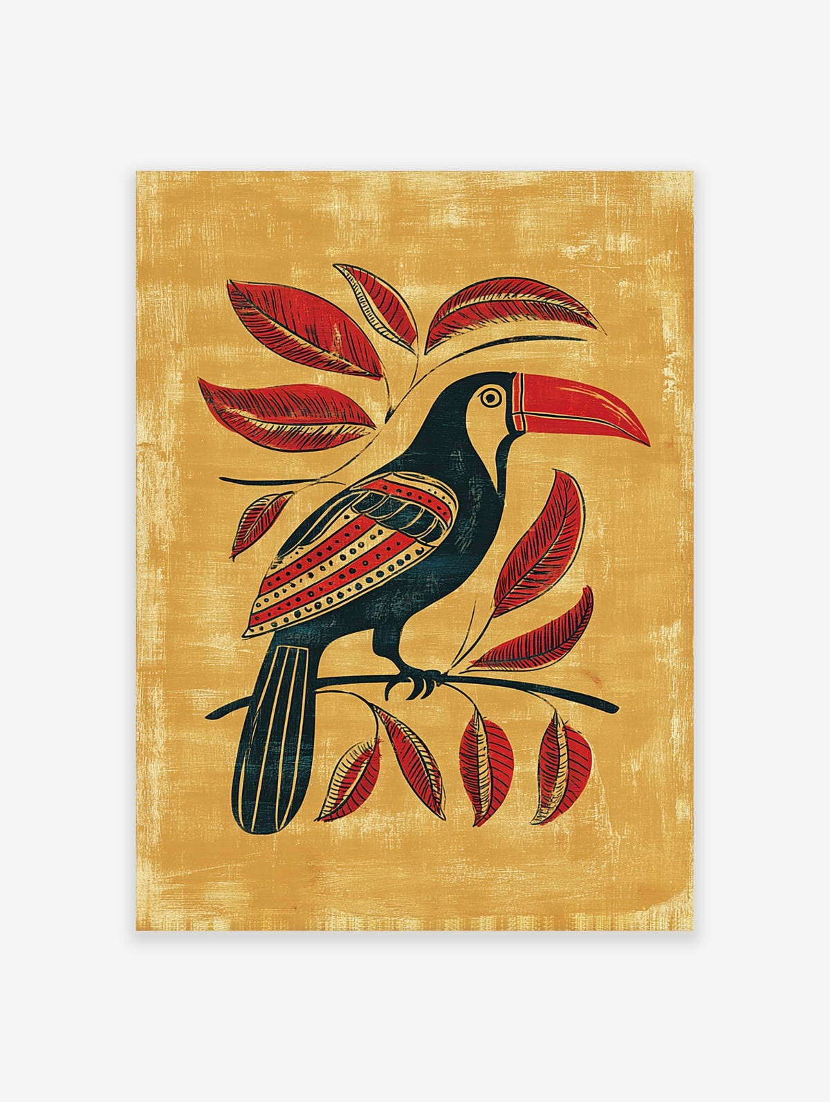 Toucan with red beak and patterned wing on branch with red leaves and gold background