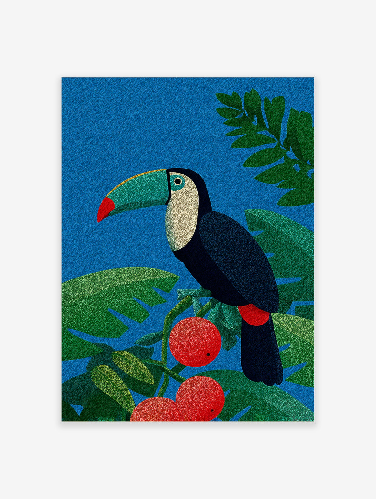 Toucan with teal and red beak perched among green leaves and red berries on a blue background