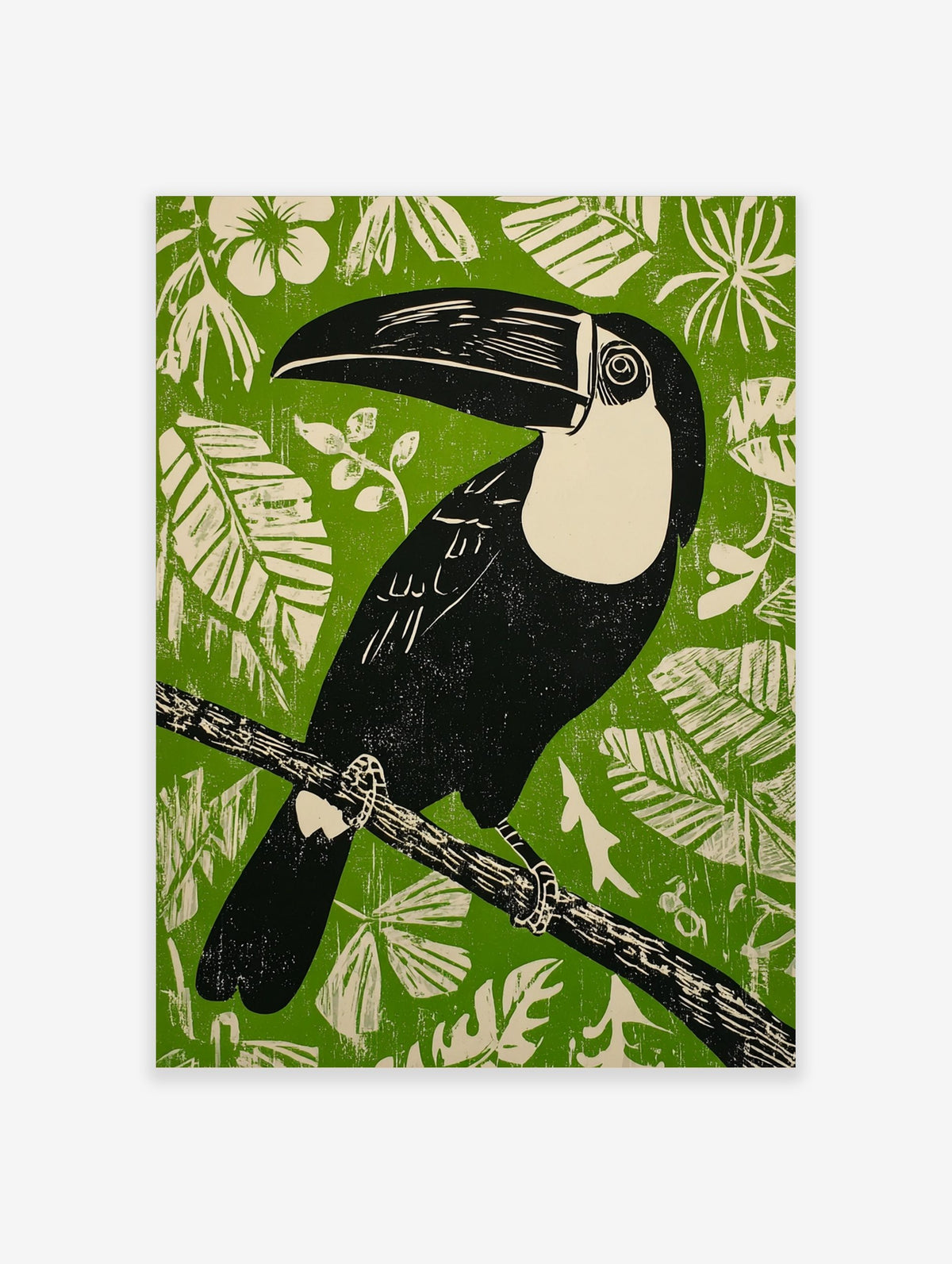 Illustrative black toucan with cream chest and large beak on branch against green background with white leaves