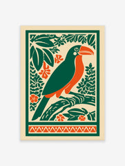 Illustrative toucan bird print with orange beak, green body, tropical leaves, and orange flowers on a cream background