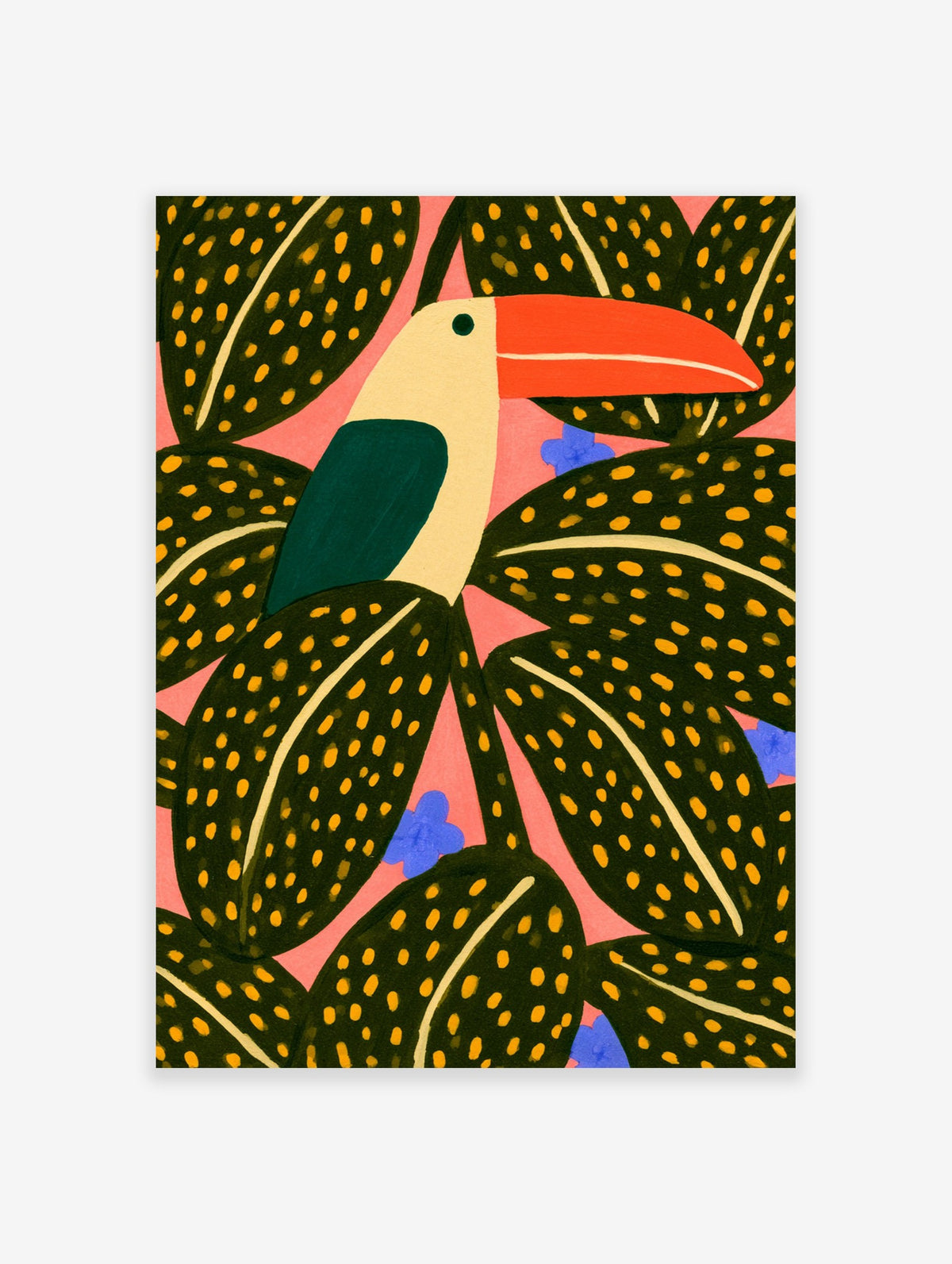 Tropical toucan wall art with an orange beak, dark green spotted leaves, and blue flowers on a soft pink background