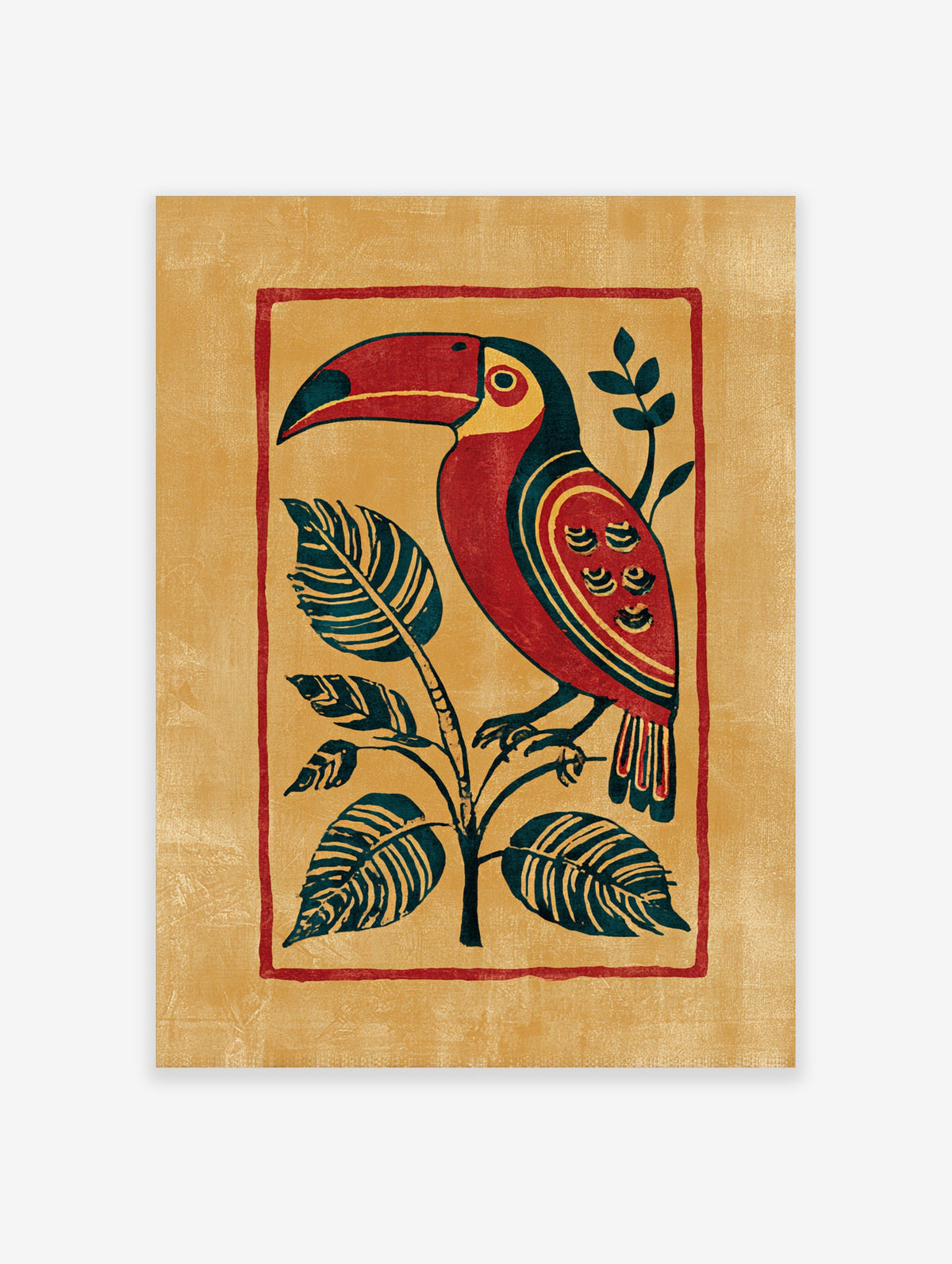 Red and gold toucan art print with dark green leaves on ochre background