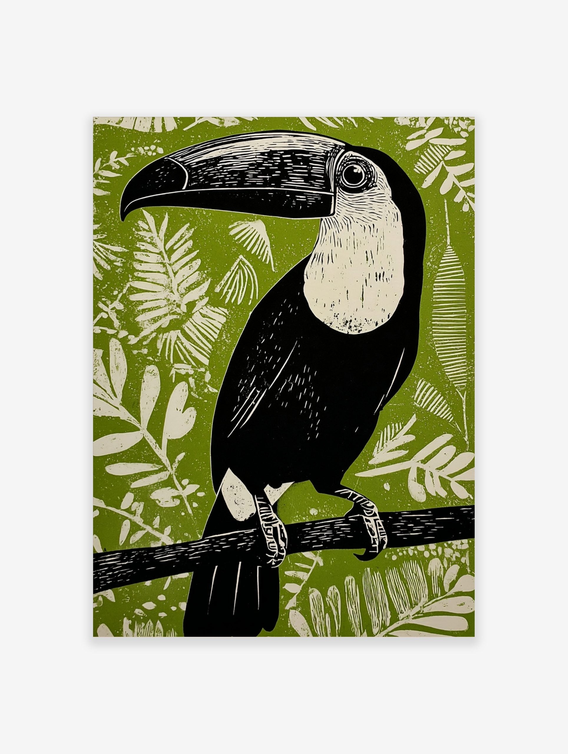 Black and white Toucana toucan linocut art print on a vibrant green jungle foliage background, perched on a branch