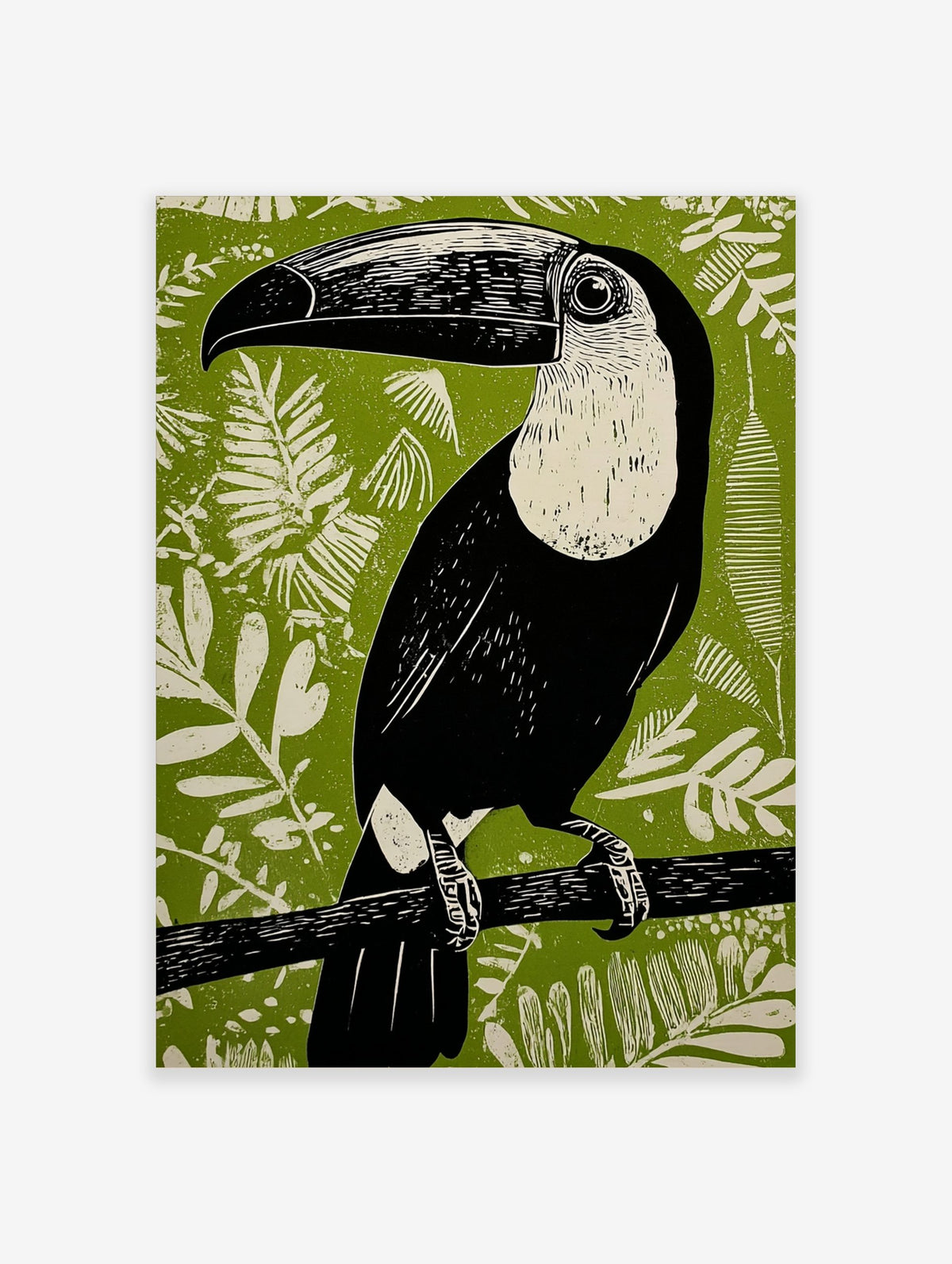 Black and white Toucana toucan linocut art print on a vibrant green jungle foliage background, perched on a branch