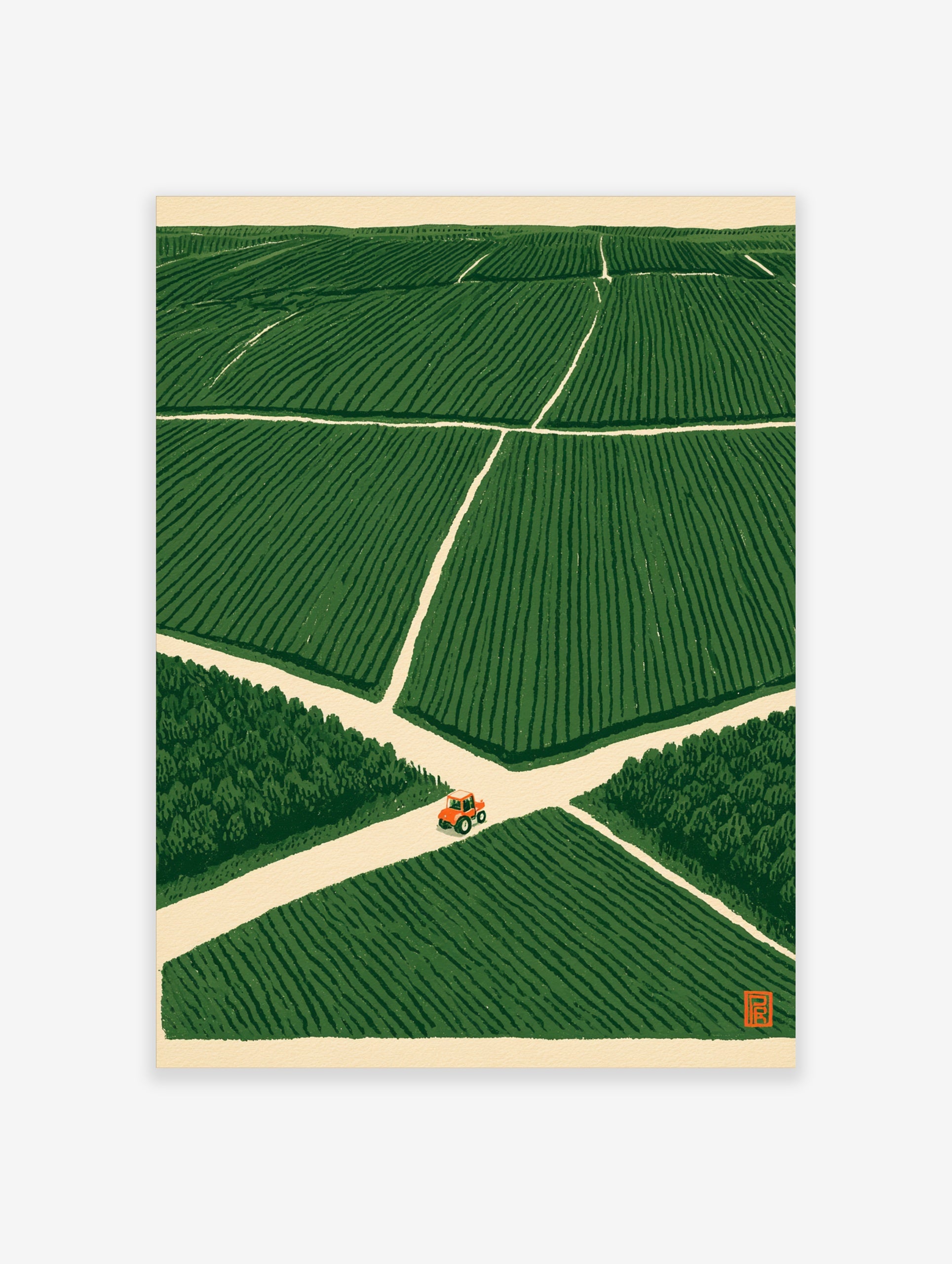 Orange tractor driving on a crossroad in a vast green field, illustrative minimalist wall art print