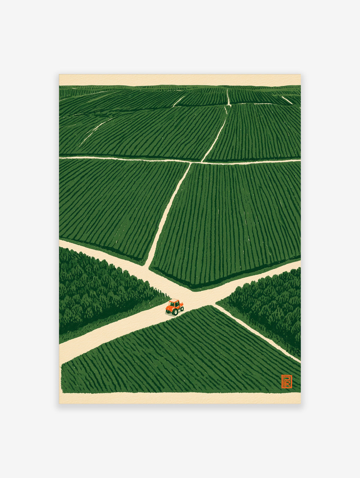Orange tractor driving on a crossroad in a vast green field, illustrative minimalist wall art print