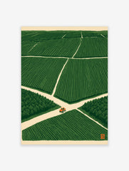 Orange tractor driving on a crossroad in a vast green field, illustrative minimalist wall art print