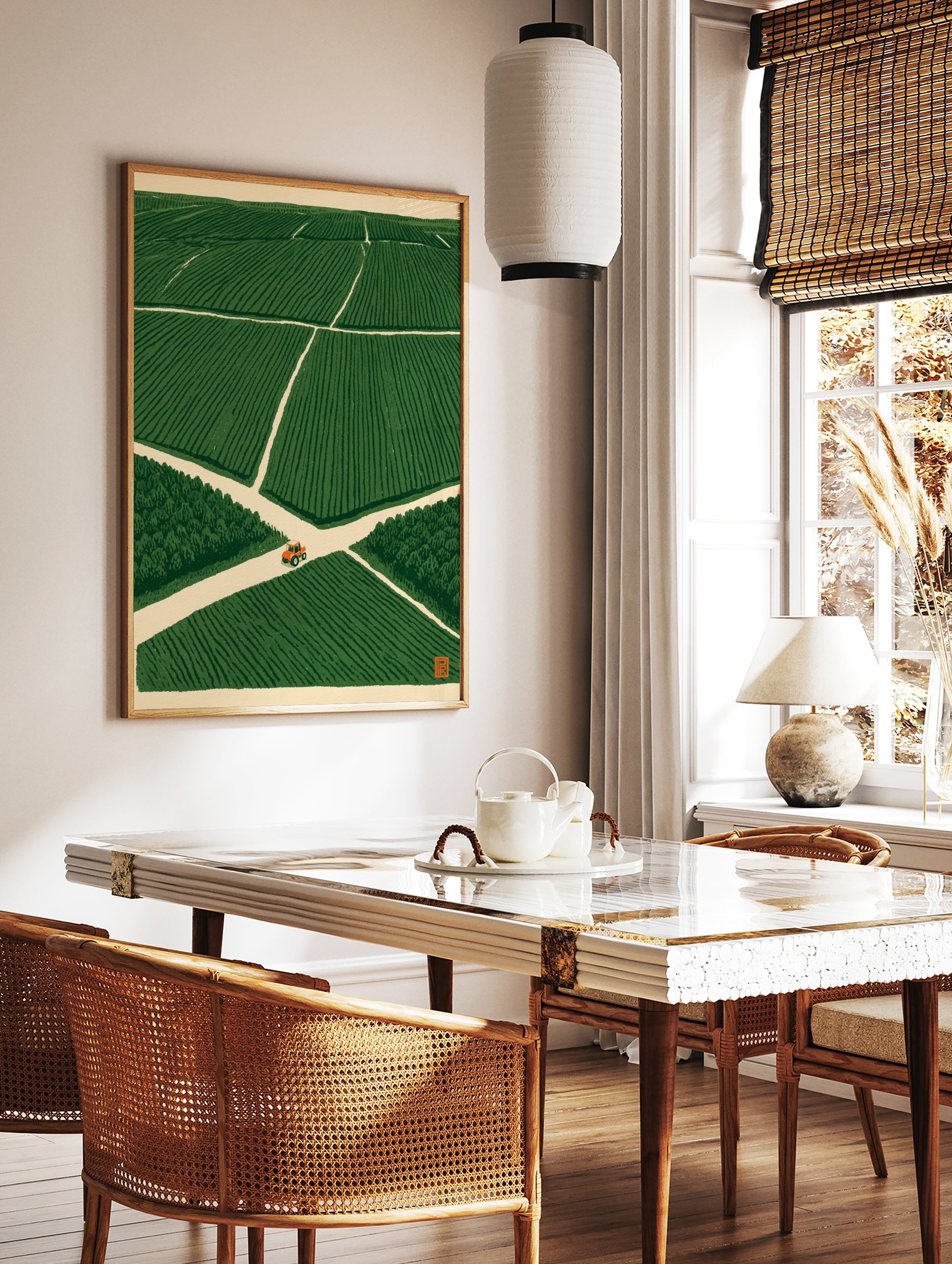 Orange tractor driving on a crossroad in a vast green field, illustrative minimalist wall art print, in a styled room mockup