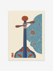 Traditional Chinese string instrument art print with blue stylized flowers and a red cultural seal on a cream background.