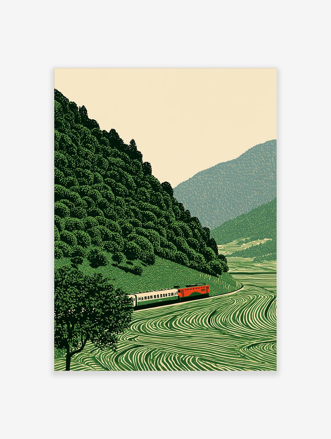 Vintage illustrative travel poster of a red train moving through green terraced hills and forests