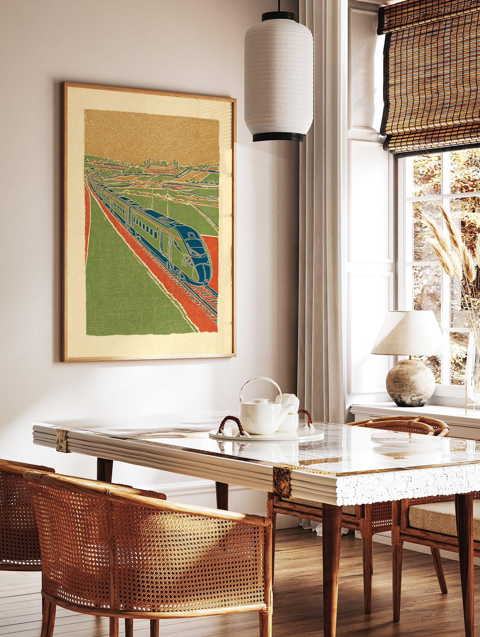 Vintage style illustration of a green and blue train on red tracks, moving through a green landscape under an orange sky. - Image 2