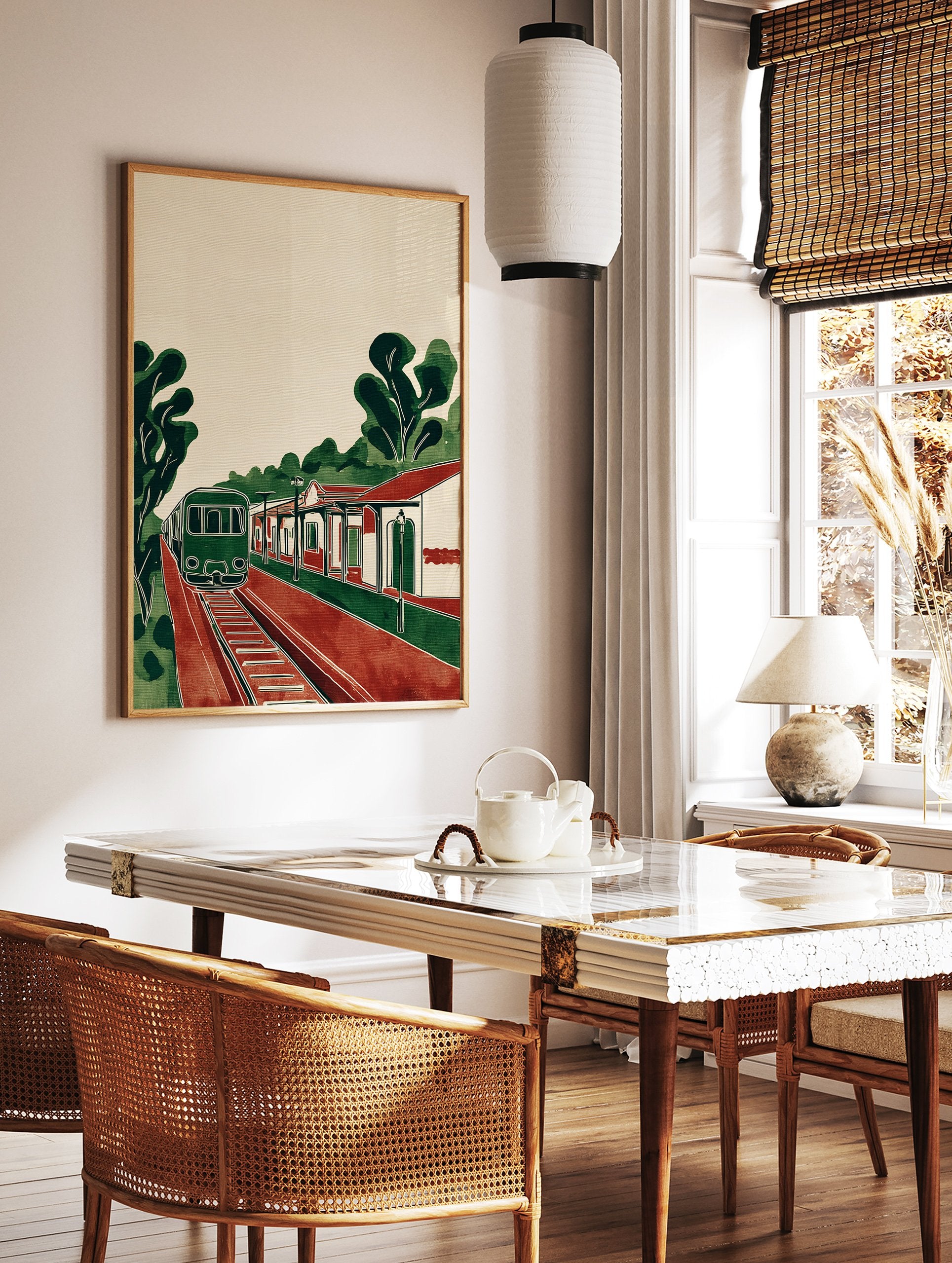 Vintage style Train Station Art print with a green train on red tracks next to a station building and trees. - Image 2