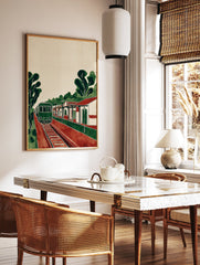 Vintage style Train Station Art print with a green train on red tracks next to a station building and trees. - Image 2