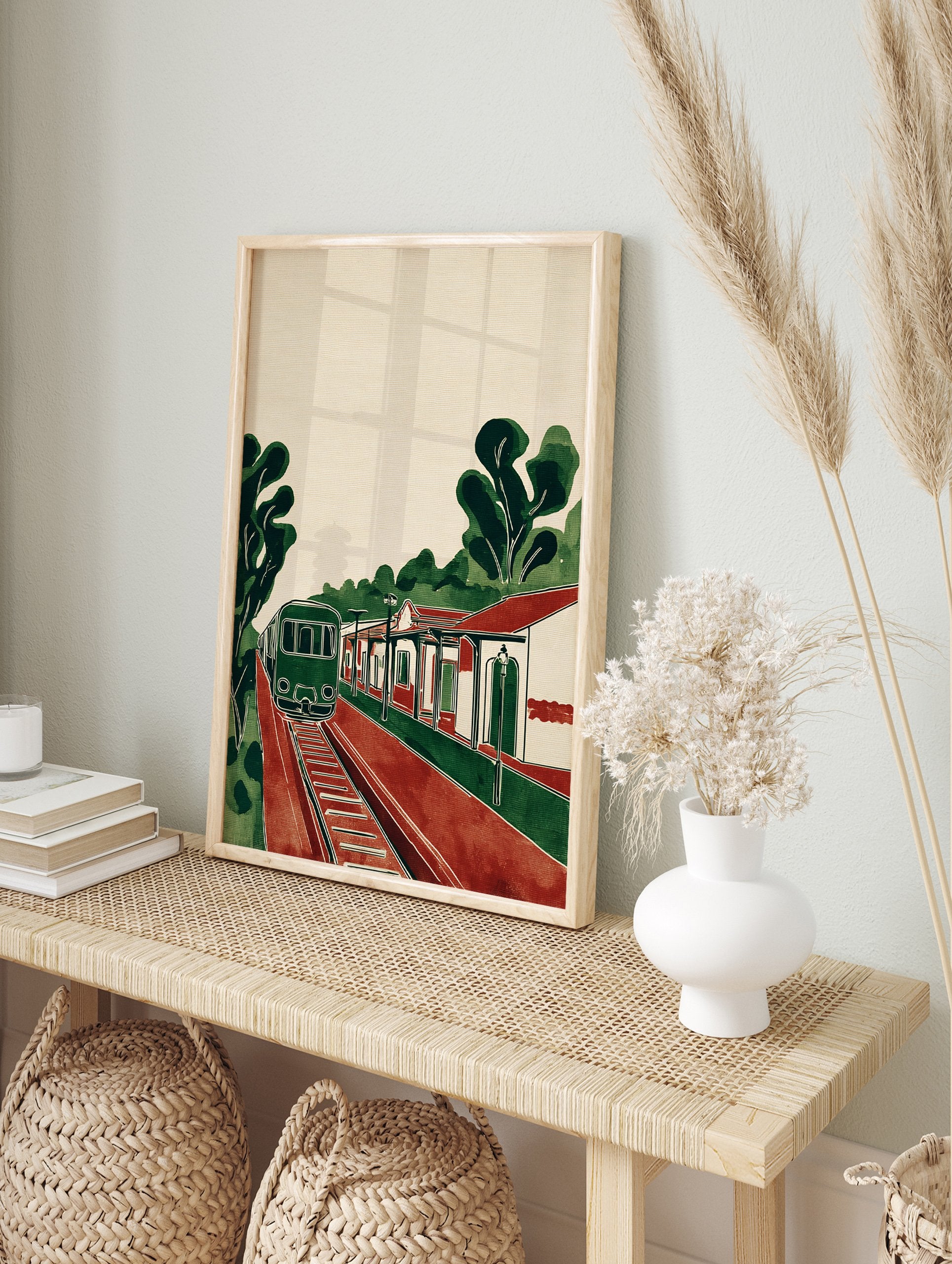 Vintage style Train Station Art print with a green train on red tracks next to a station building and trees. - Image 3