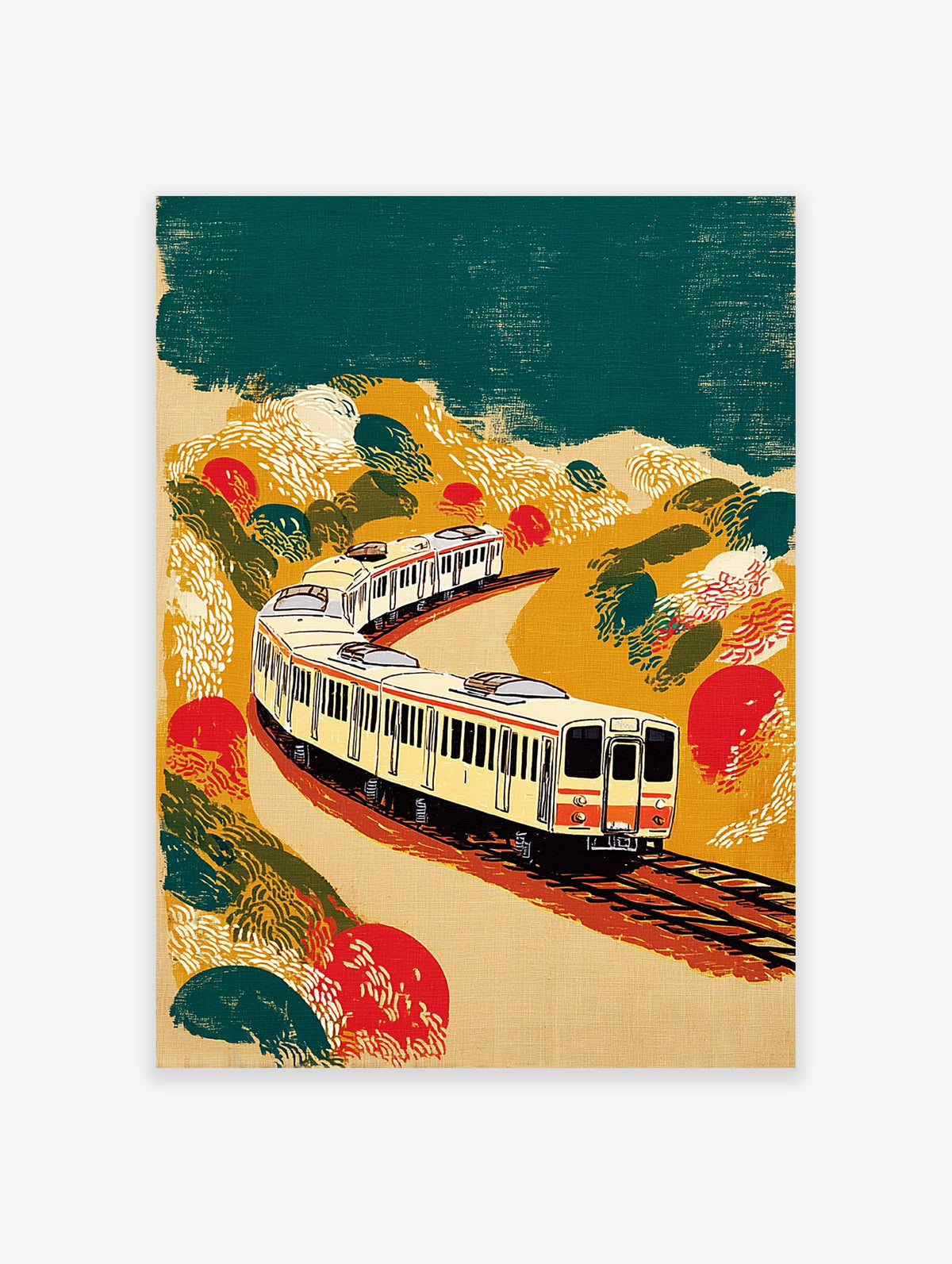 Japanese style train wall art print featuring a cream train on a winding track through a colorful yellow and green landscape.