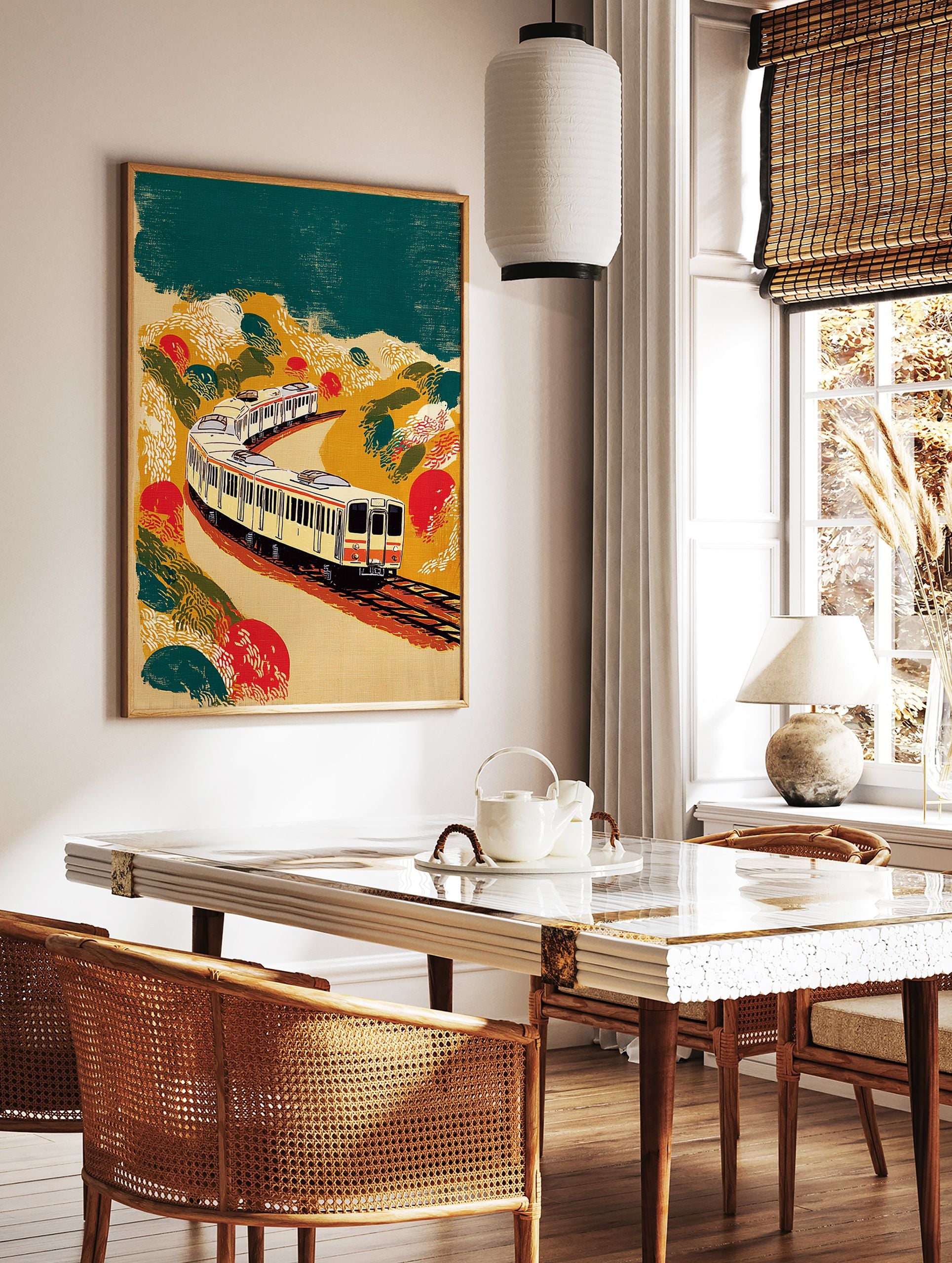 Japanese style train wall art print featuring a cream train on a winding track through a colorful yellow and green landscape. - Image 2