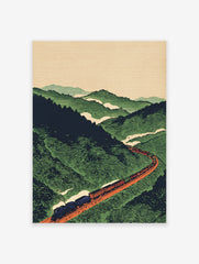 Vintage illustration of a black and orange train traveling through green mountains on a winding orange track under a light sky.