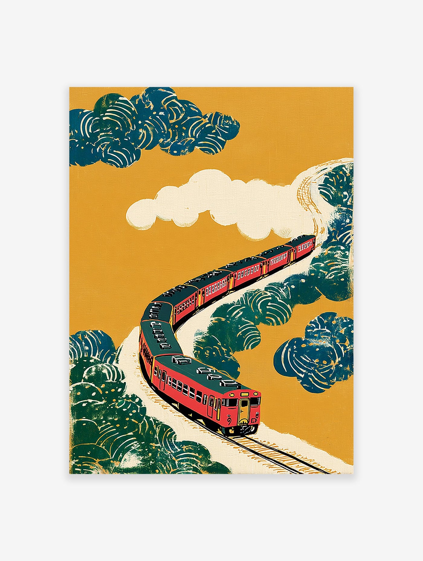 Illustrative Japanese train wall art featuring a red train on winding tracks, surrounded by stylized blue-green trees and yellow sky.