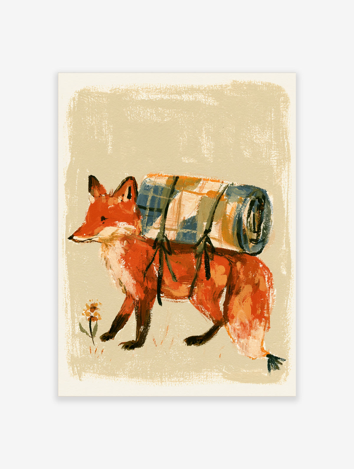 Travelling fox poster with rolled plaid blanket walking left on beige background