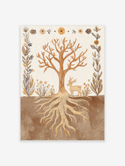 Illustrative art print of a tree with roots, deer, and botanical border in earth tones