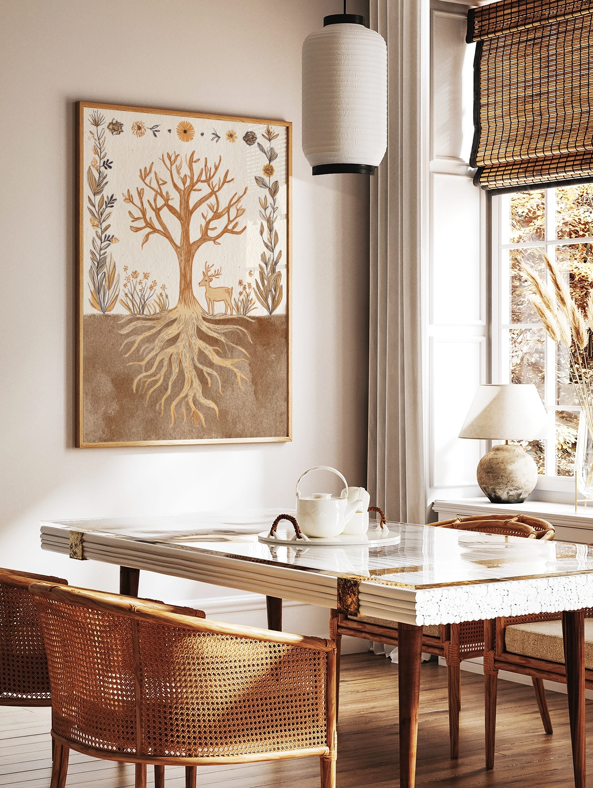 Illustrative art print of a tree with roots, deer, and botanical border in earth tones, in a styled room mockup