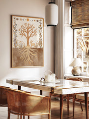 Illustrative art print of a tree with roots, deer, and botanical border in earth tones, in a styled room mockup