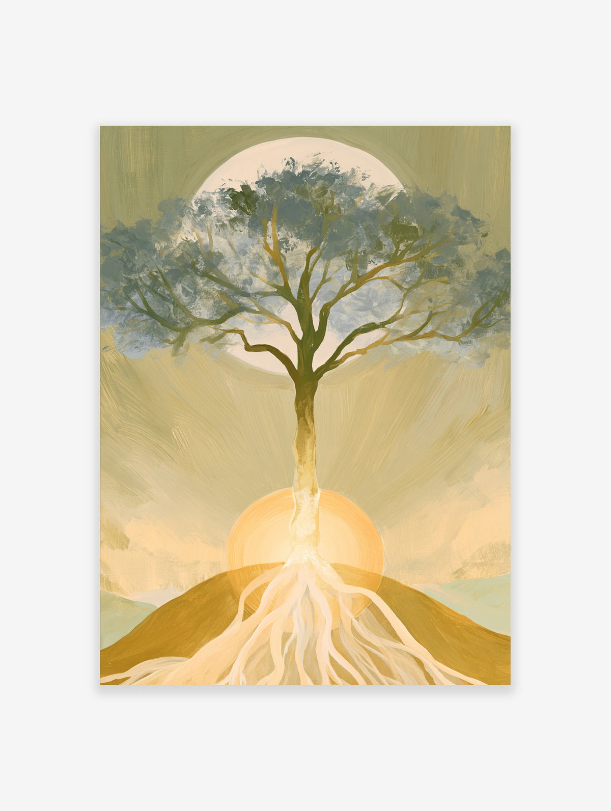 Tree of Life art print with green canopy, glowing trunk, white roots, and sun on gold hill