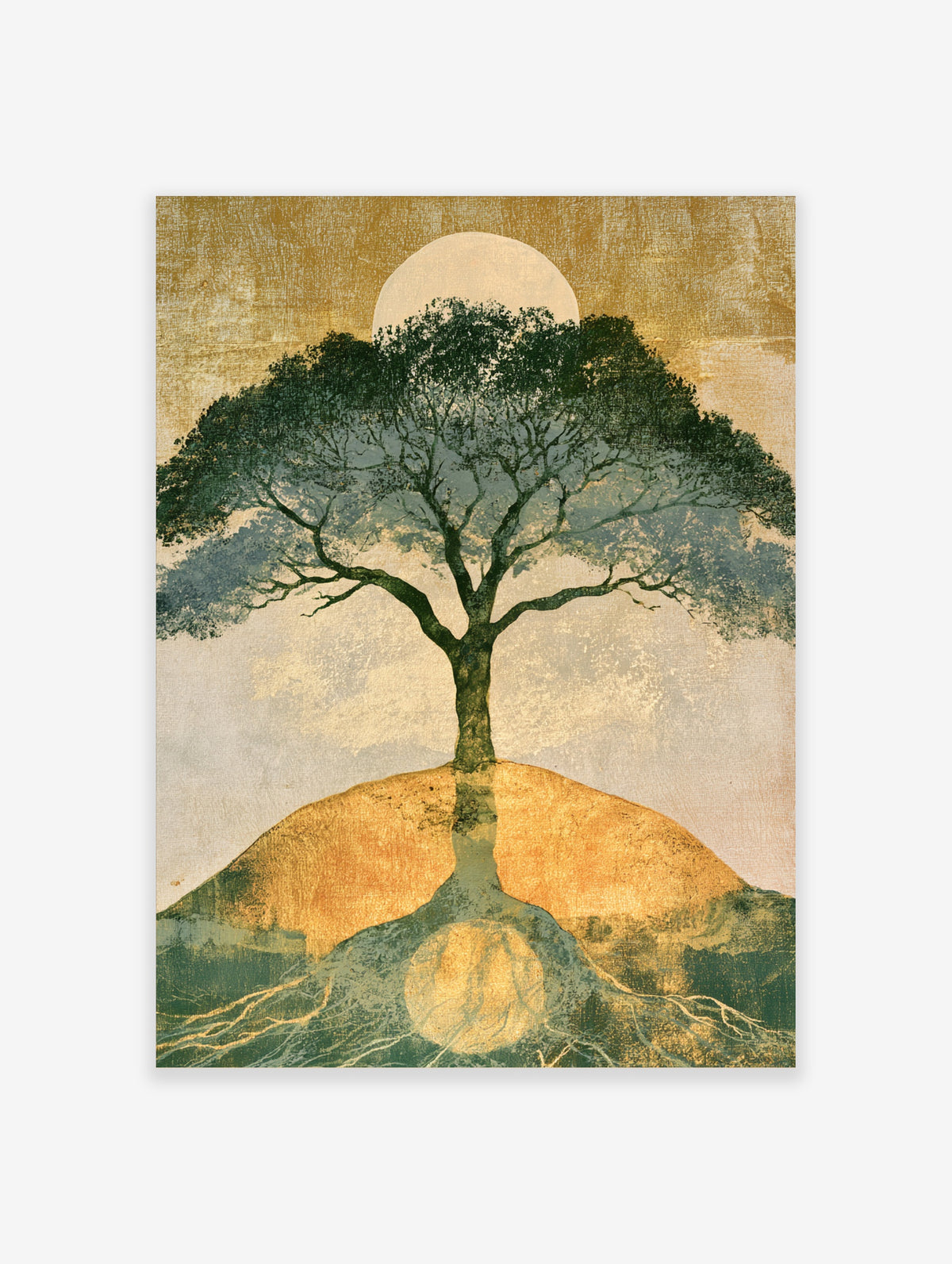 Tree of Life art print with golden sun, dark green canopy and mirrored roots on ochre background